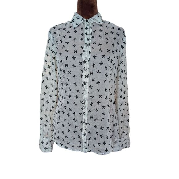 White Chiffon With Black Velvet Bows Button Down Blouse Size M - Picture 2 of 13
